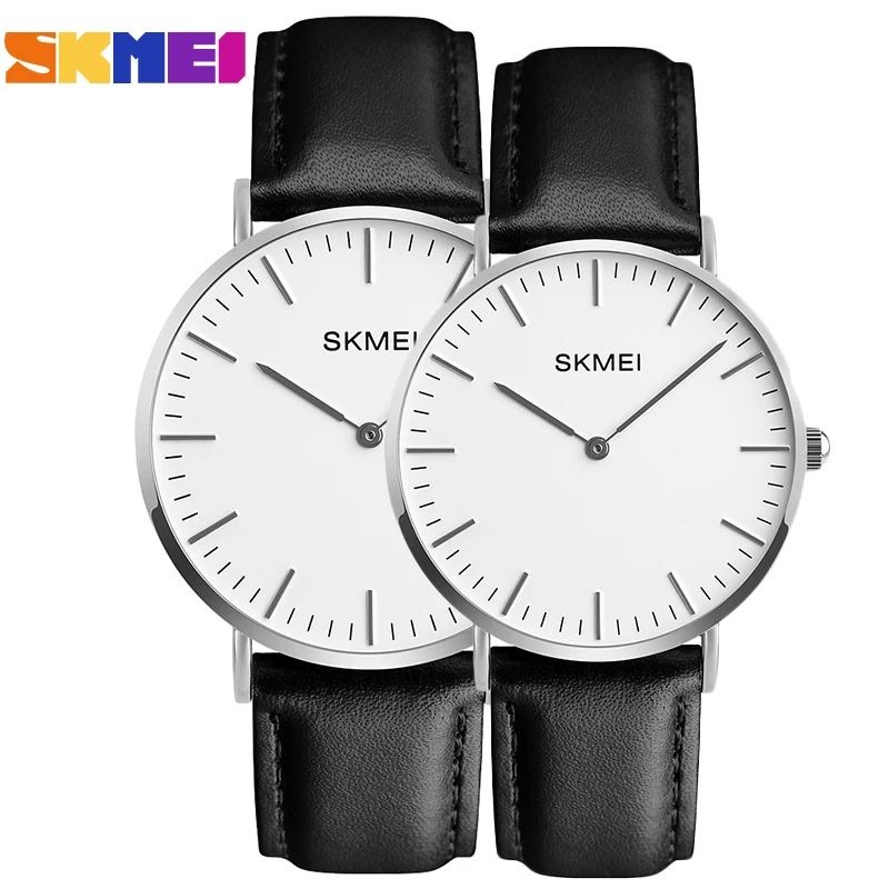 SKMEI Lovers часы 1182 женские мужские черные кожаные кварцевые наручные парные модные