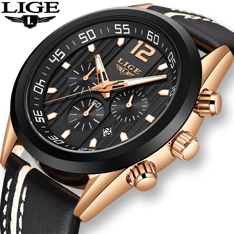 

LIGE Mens Watches Top Brand Luxury Chronograph Military Sport Watch Men Leather Waterproof Quartz wristWatch Relogio Masculino