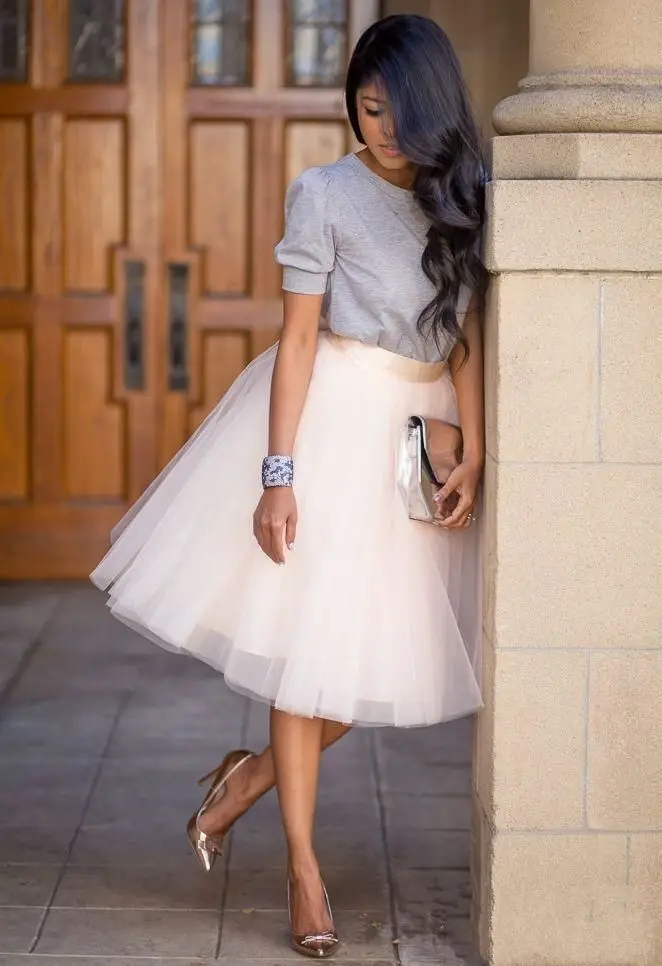 Модная однотонная сетчатая юбка-пачка милого стиля трапециевидной формы для принцессы, Женская тюль для нижней юбки, длинная многослойная юбка - Цвет: Бежевый