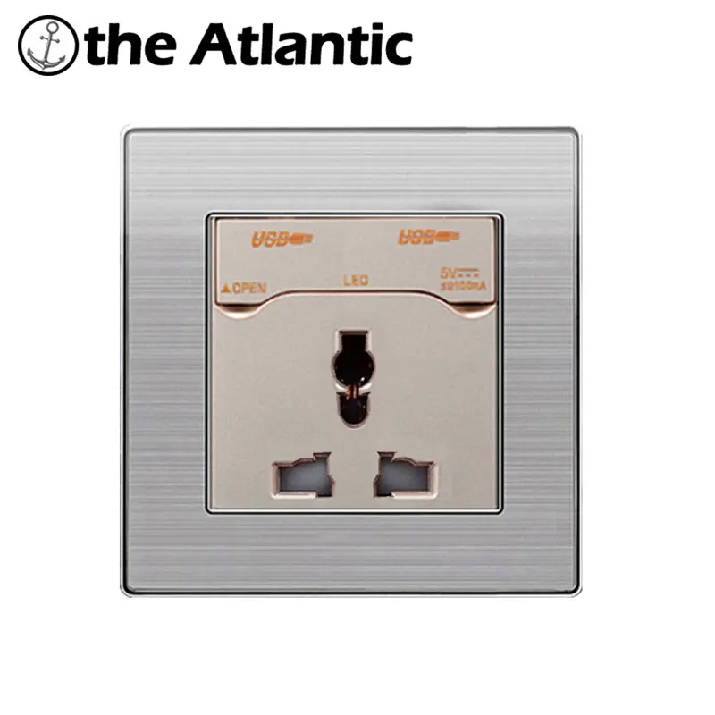 

Atlantic 3 Hole Universal Power Socket with Dual USB Charge Port For Mobile Output 5V 2.1A Wall Power Outlet Stainless Steel