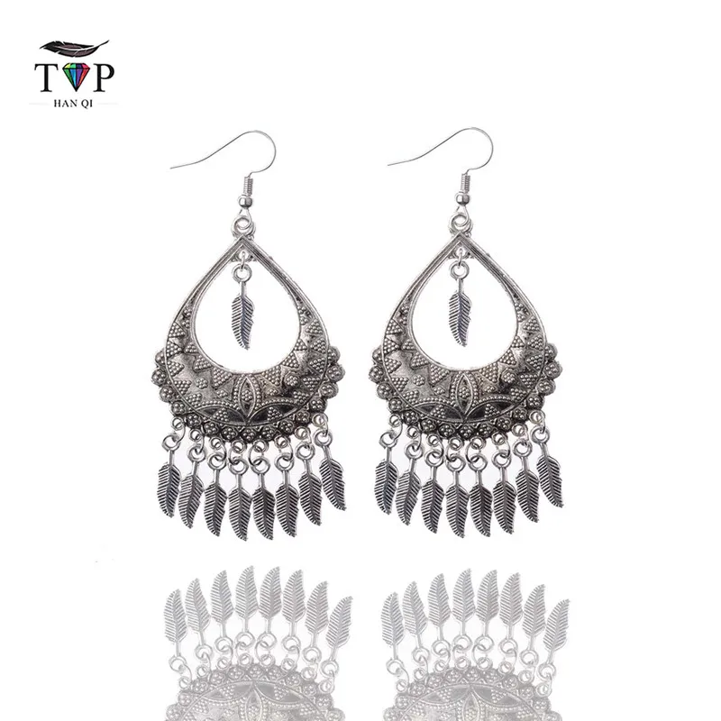 

TopHanqi Sliver Retro Ethnic Indian Jhumka Long Tassel Drop Earrings Handmade Hohemian Leaves Pendant Dangle Earrings For Women