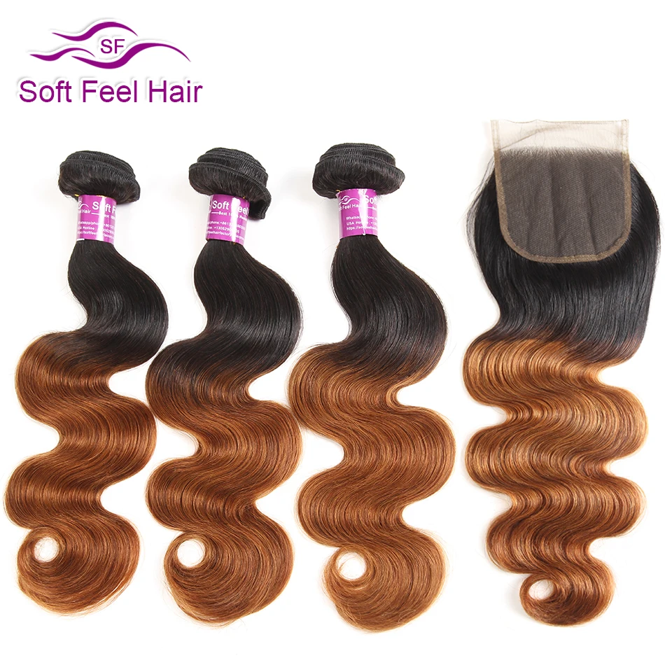 

Soft Feel Hair Ombre Brazilian Hair With Closure Blonde Ombre Human Hair 3 Bundles With Closure T1B/30 Body Wave Remy Hair 4 Pcs