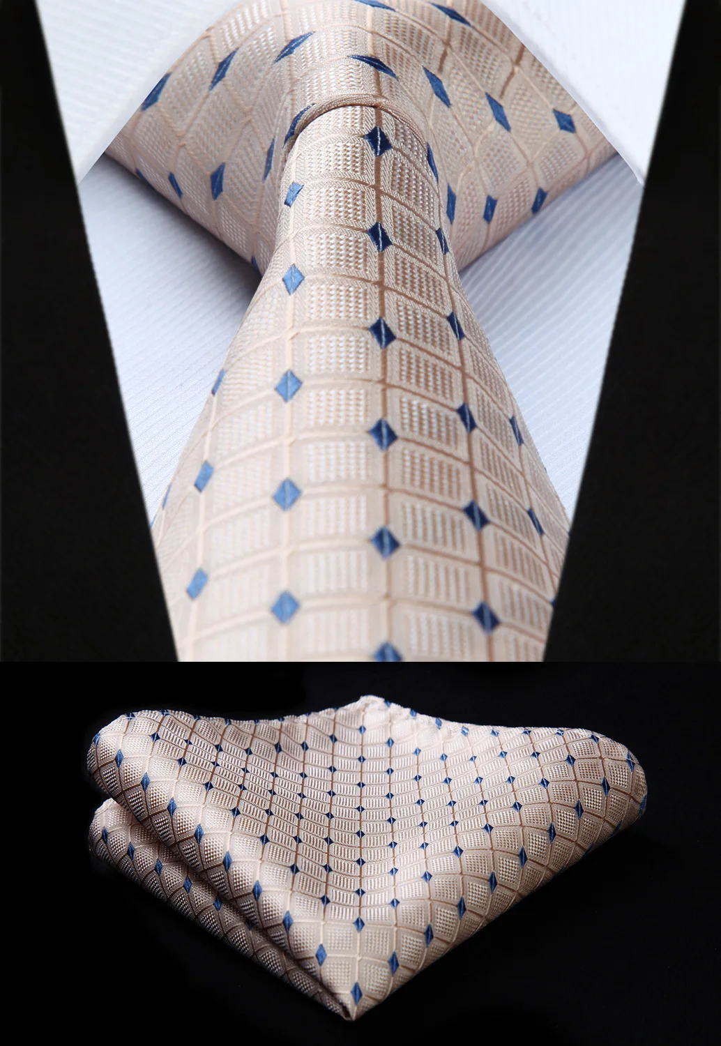 

TC716Z8S Plaid Beige Blue Check 3.4" Silk Tie Party Wedding Handkerchief Set Woven Classic Men Tie Necktie