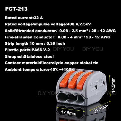 30/50/100 шт./лот PCT-213/Укрась свою 222-413 Мини Быстрый провод разъема Универсальный Компактный соединитель проводки пуш-ап-в клеммный блок - Цвет: PCT-213(3 Pin)