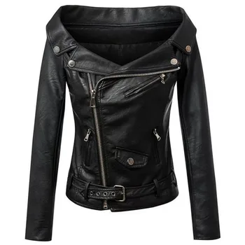 

Jacket Women Faux Leather PU Jacket Winter Autumn Black Motorcycle Jacket Outerwear Gothic Faux leather Coats Off Shoulder