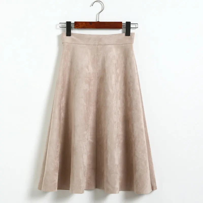 Vintage Pleated Suede High Waist Midi A Line Flare Skirt