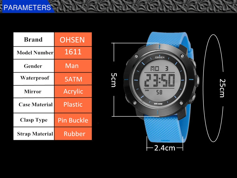 Мужские Цифровые Часы OHSEN Hombre в повседневном стиле, 50 м, мужские спортивные наручные часы с силиконовым ремешком, мужские часы