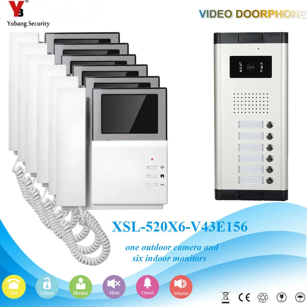 

Yobang Security Video Intercom 4.3 Inch video door Phone Doorbell camera system 1 Camera 6 Monitor For 6 Unites Apartment
