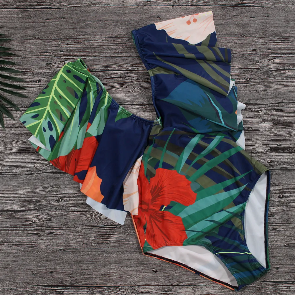 Женский купальник, сдельный, зеленый лист, с оборками, купальник с глубоким v-образным вырезом, летний купальник, пуш-ап, пляжная одежда, боди