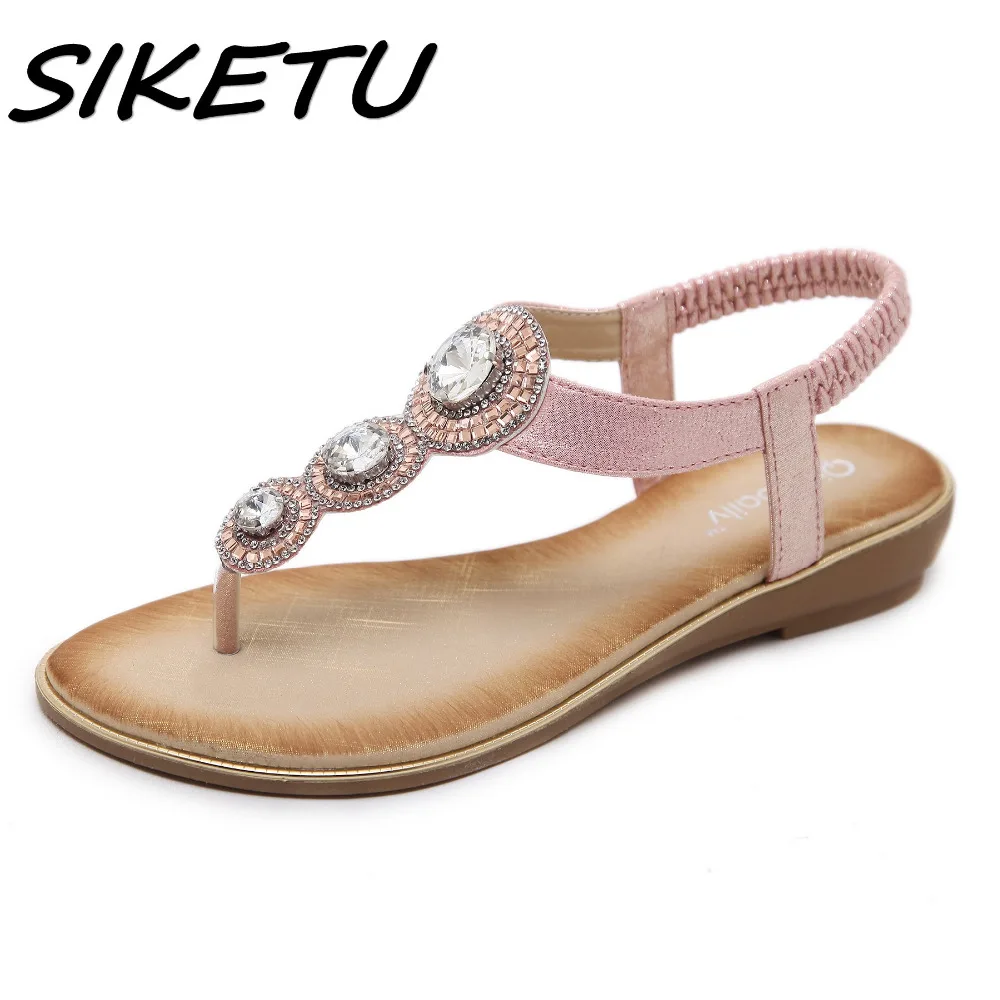 

SIKETU Women Wedge Sandals Summer 2019 Gladiator Shoes Woman Bohemia Flat Casual Sandals Crystal Flip-Flop Beach Sandals 35-42