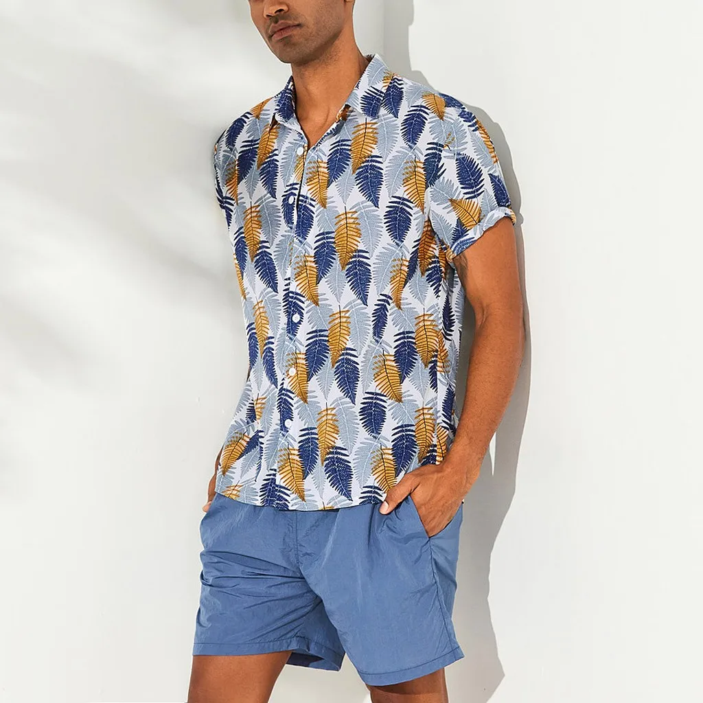 

feitong Mens Hawaiian Beach Loose Shirts Harajuku Printed Turn Down Collar Short Sleeve Floral Shirts Men Casual Holiday Camisas