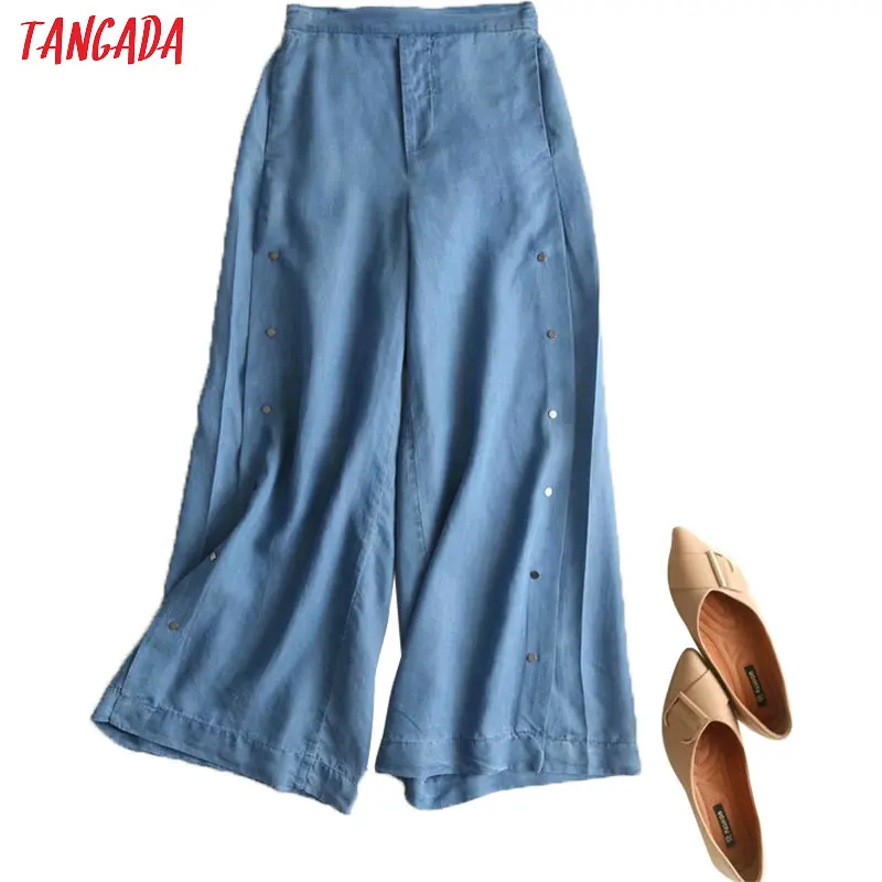 Tangada women denim blue wide leg pants buttons ankle length trousers loose female crop pantalones 2P06 Tangada women denim blue wide leg pants buttons ankle length trousers loose female crop pantalones 2P06