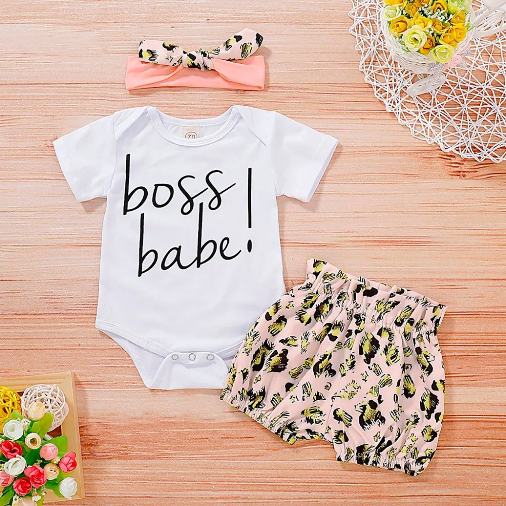 

3PC Letter Print Baby Girl Cotton Romper Leopard Shorts Sets Summer Infant Clothes 4th of July Outfit Baby Daddy Dropshipping 2