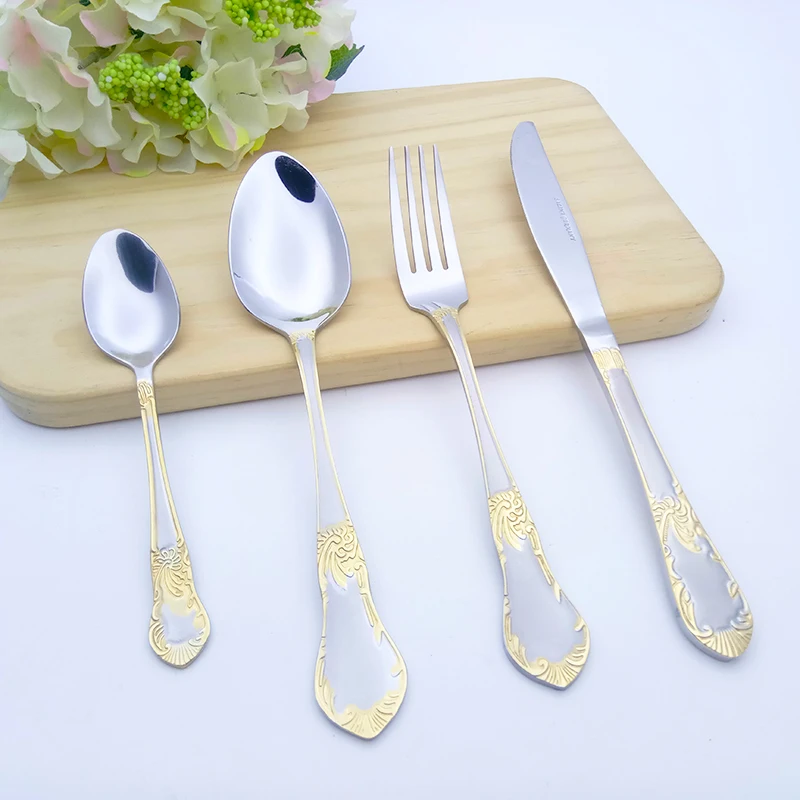 

Stainless Steel Cutlery Noble Fork Knife Spoon Dessert Dinnerware Tableware Set Gold Silver Vintage Decorative Pattern 4pcs/set