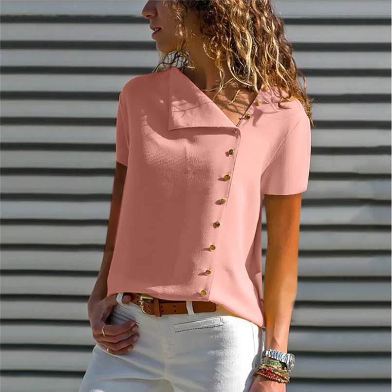 New Women Clothes Summer Lapel Neck T-shirt Ladies Short Sleeve Buckle Casual Daily Vintage Classic Tee New Arrival Tops #4R02 (16)