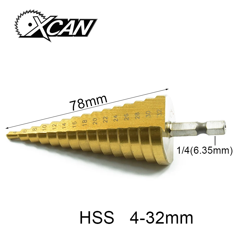 

Xcan 1pcs/4-32 woodworking tools center drill bit HSS Titanium coated Step Drill HSS Straight Flute Pagoda Drill Hexagon Shank