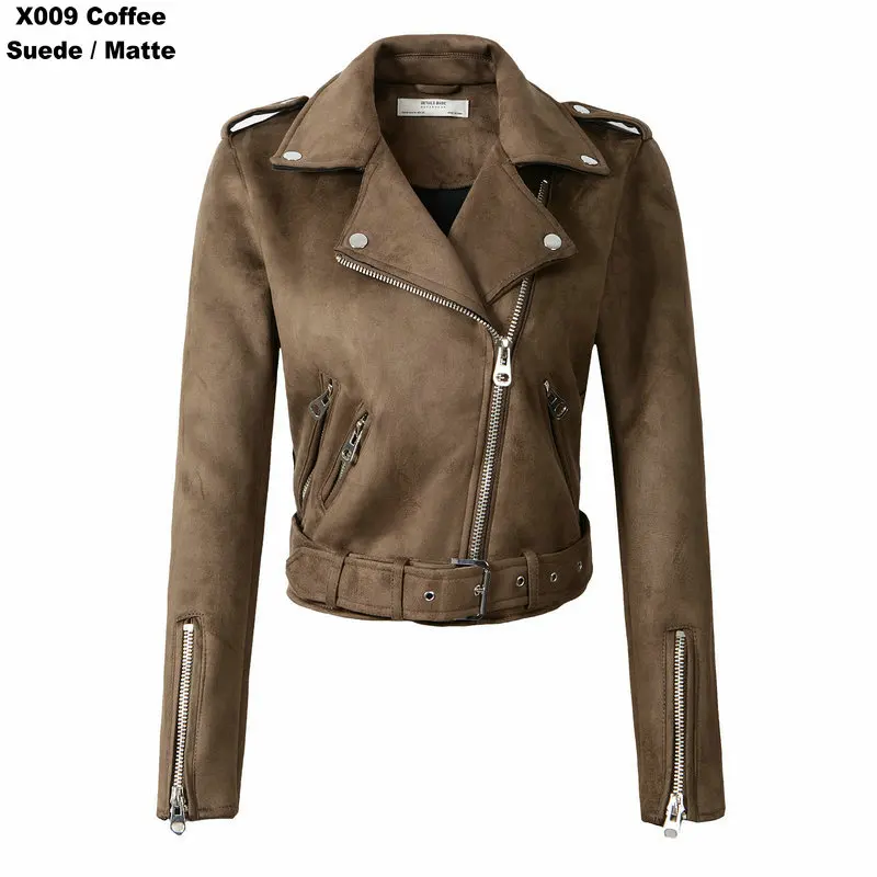 Высокое качество Женские Байкерские Куртки из искусственной замши женские мотоциклетные матовые Куртки из искусственной кожи на молнии с поясом серая уличная одежда - Цвет: X009 Coffee