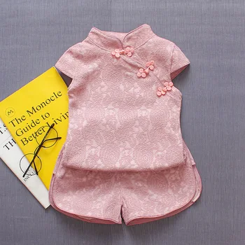 

Children Clothing 2019 New Summer Baby Girls Pink Suit Cute Flower Lace Cheongsam Clothes Set Baby Girls Embroidery Cotton Suit