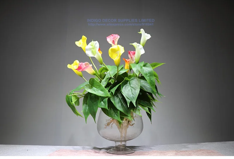 Букет Индиго-Калла(18 шт. листьев+ 3 шт. цветов+ корней) антуриум сенсорный Цветок Калла Свадебный Цветочный стол цветок