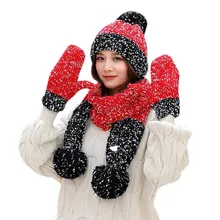 35# шляпа 3 шт Женская Черная розовая модная кепка зимние теплые шапки многоцветный вязаный венонат шапка+ шарф+ любовь набор gorro