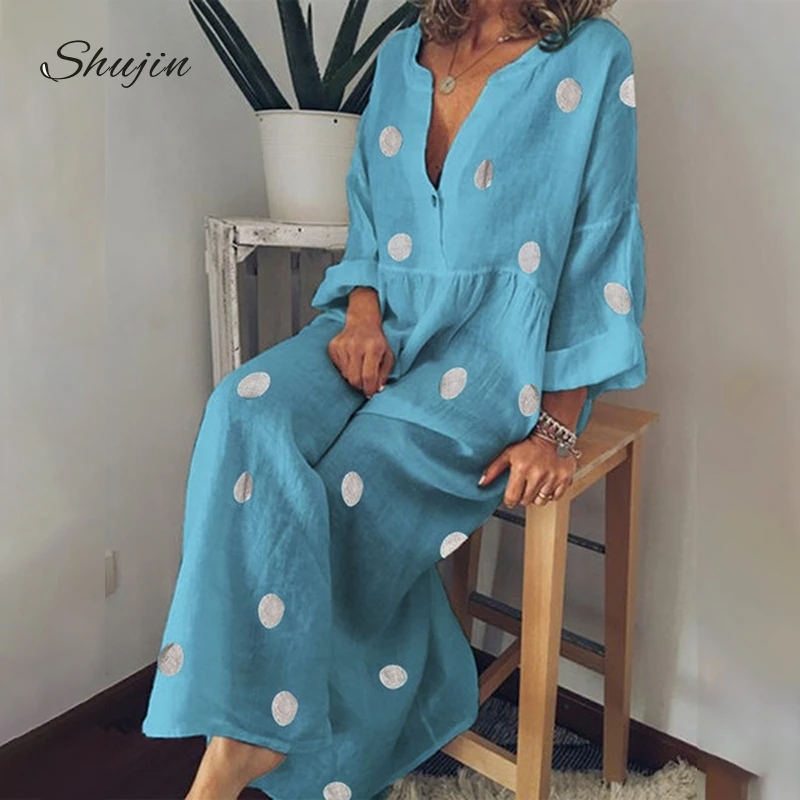 

Plus Size Women Polka Dot Summer Casual Loose Long Sleeve Bohemian Maxi Dress Sexy V Neck Boho Beach Dresses Vintage Vestidos