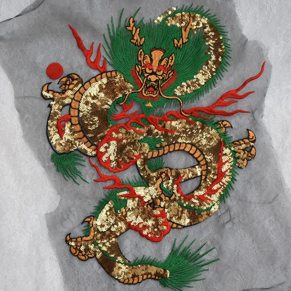 Classical Chinese Dragon brodé correctifs Sequin Broderie Coudre Appliques