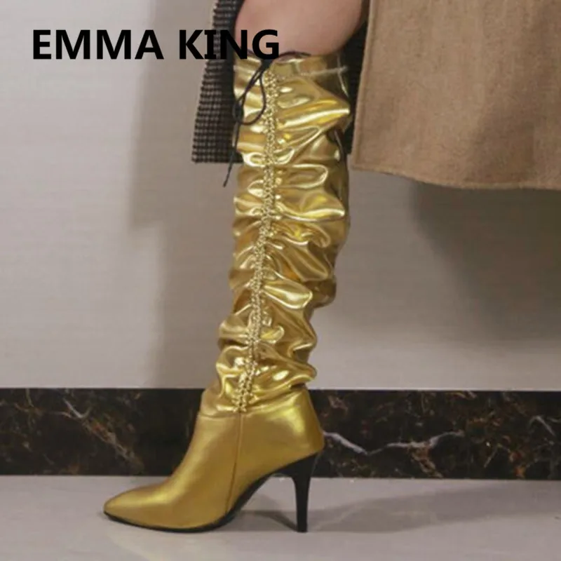 

Botas Mujer 2019 Fashion Lace Up Women Knee High Boots Pointed Toe Gold Sexy Ladies High Heels Shoes Woman Runway Kngiht Boots