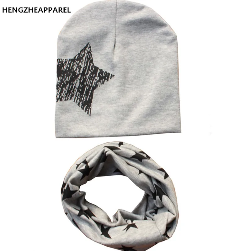 2017 new one star print cotton boys girls baby kids hats+scarf  two piece sets winter spring warm wear collars &beanies cute cap