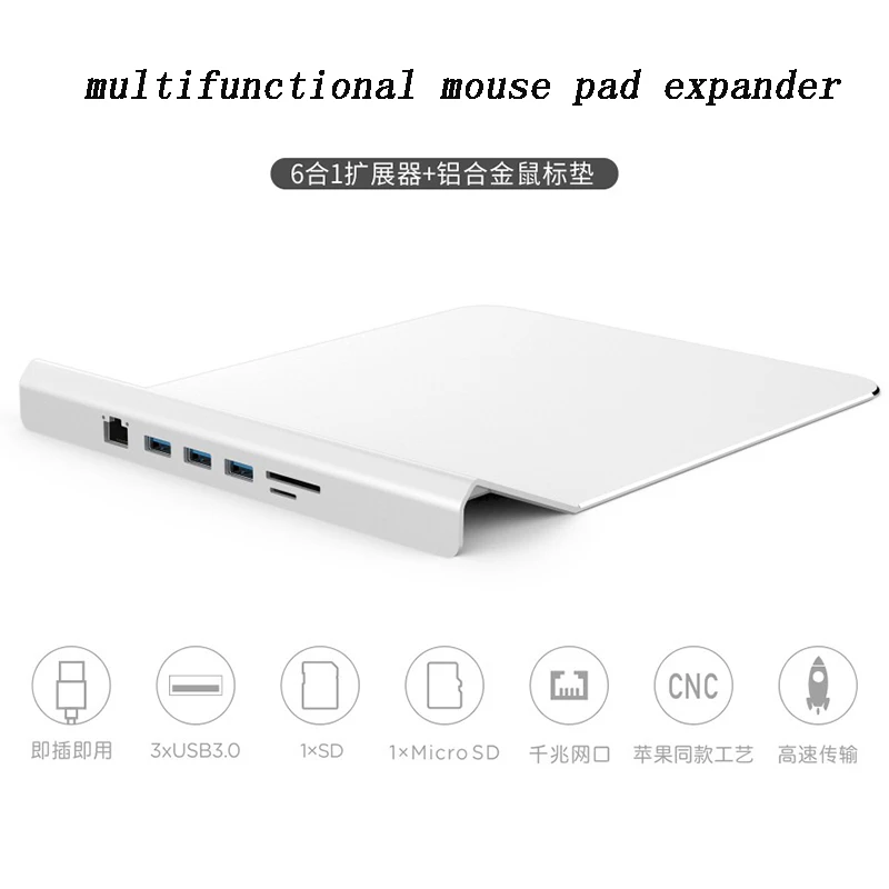 

basix USB HUB 6 in 1 docking with SD/micro sd+3*usb3.0+rj45 to Multi-function aluminum alloy mouse pad USB hub for macbookpro
