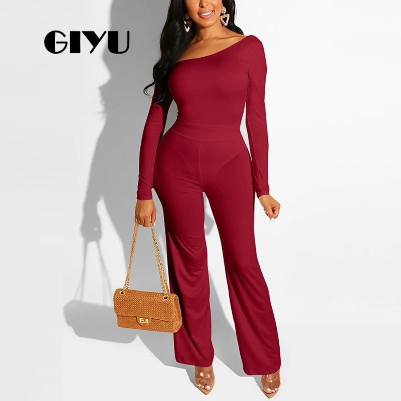 

GIYU Solid Long Jumpsuits Women Cold Shoulder Long Sleeve Overalls Casual Slim Romper 2019 combinaison femme