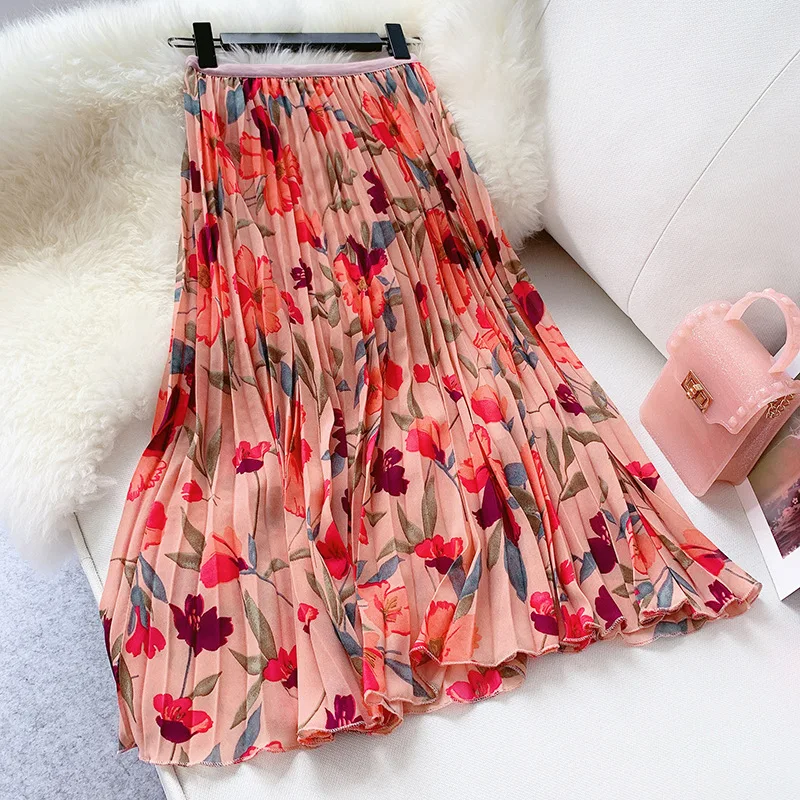 

Summer Sweet Floral Pleated Skirts Women 2019 High Waist Printing Maxi Skirt Elegant Ladies Long Skirt Jupe Femme