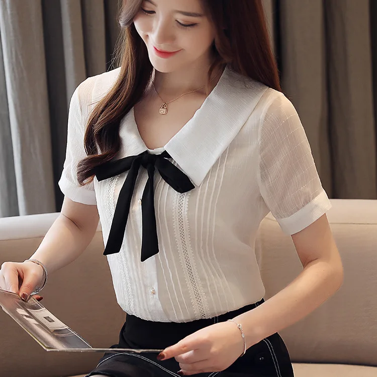

New Style Fashion Women Short Sleeve Summer Temperament Bow Collar Chiffon Shirts Blouses