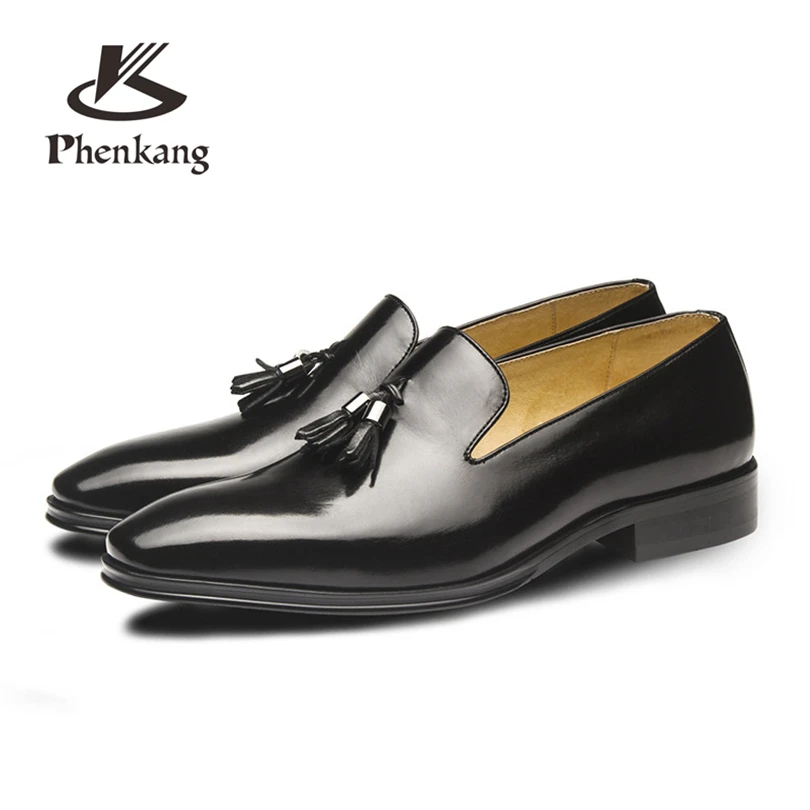 Мужские брендовые итальянские туфли, Модные Мужские модельные туфли из натуральной кожи с кисточками, черные, бордовые свадебные мужские туфли Phenkang - Цвет: black