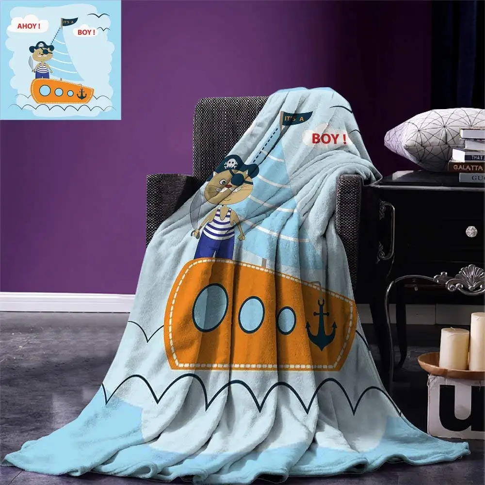 

Sea Life Throw Blanket Ahoy Its a Boy Pirate Cat Hat Sailboat Nautical Anchor Ship Porthole Design Print mechanical wash