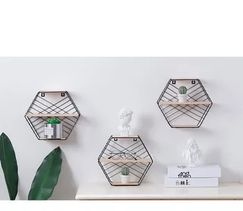 

1PC New Nordic style Wooden Iron Art Hexagon Dubble Storage Rack Wall Hanging Home Organizer Shelf Holder Decoration Tool JL 260