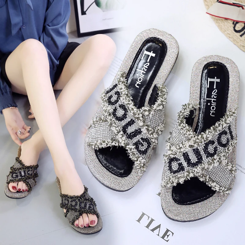 

new fashion 2019 Slippers Flat Non-Slip Flip Flop Home Shoes mixed colors Paillette bling sequin letter Rhinestone slides