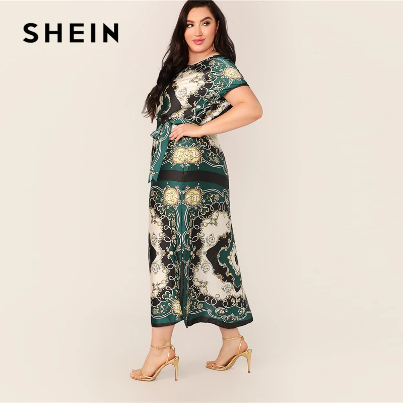 SHEIN, платье трапециевидной формы с зеленым шарфом размера плюс,, женское летнее стильное длинное платье макси с высокой талией