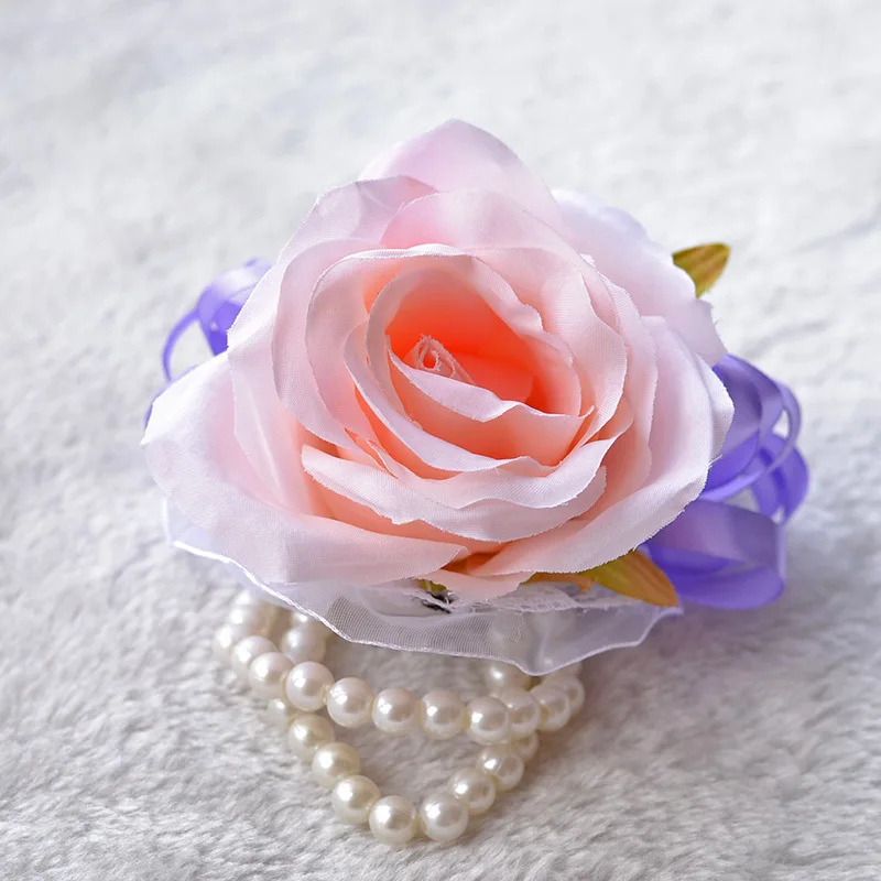 

Artificial Rose Wrist Corsage Bracelet Silk Rose Flower Bridesmaid Hand Flowers with Pearl Wedding Party Jewelry 6C0209