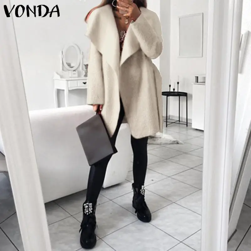 Finest VONDA Plus Size Women Coat Sexy Lapel Neck Fuzzy Belted Jackets 2019 Autumn Jackets Office Ladies O