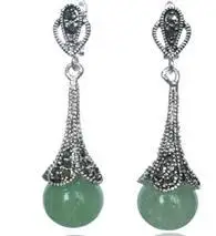 

Free Shipping Fashion 925 Sterling Silver Marcasite Inlay green Semi-precious Stone Round Drop Earrings