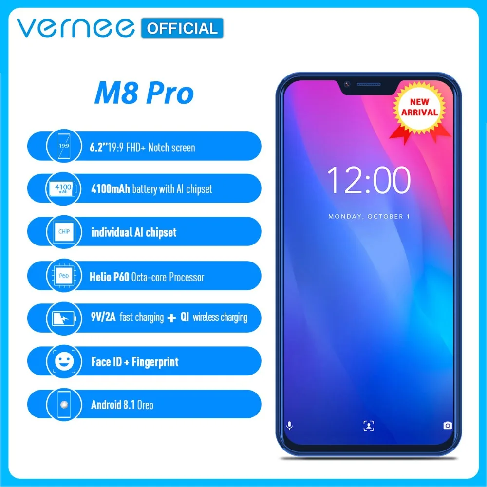 Vernee M8 Pro 6.2''notch Screen Smartphone 6GB 64GB Android 8.1 Octa core Cellphone 4100mAh AI Dual camera Fast charging phone