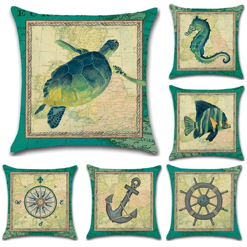 

Home Decor Supplies Green Sea Anchor Turtle Fish Print Decorative Square Sofa Cushion Cover Throw Pillow Case Decorbox (no core)