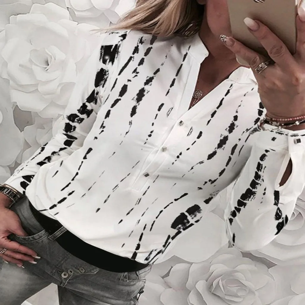 

Women White Blouse Casual Long Sleeve Button Chiffon Tie Dyeing Print blusas mujer de moda 2019 womens tops and blouses NEW