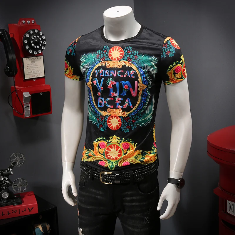 

The new summer 2019 The comfortable tencel ICONS Hollow out breathable Printing short sleeve men T-shirt C9016 - P45