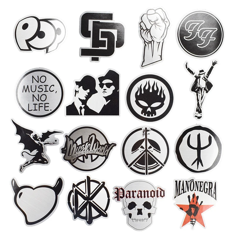 50 Pcs Rock Music Punk  Metallic Personality Black and White Sticker PVC Waterproof Skateboard Guitar TV Car Luggage Stickers