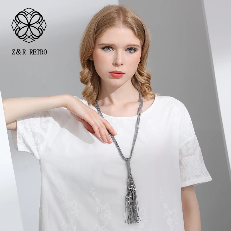 

Gray Long Women Necklace Zinc Alloy Beads Sweater Rope Chain Vintage Pendant&Necklaces Fashion Jewelry Handmade New Gifts