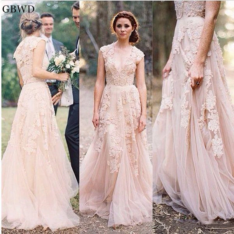 

2019 Lace Wedding Dress Appliques Long Wedding Dress Lace Cap Sleeve Deep V Neck Vintage Bridal Gown Pink Vestido De Fiesta