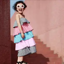 Брендовая одежда для девочек Платье без бретелек в клетку платье с бахромой для детей от shulder без рукавов нарядное платье для отдыха на пляже летнее платье ws534