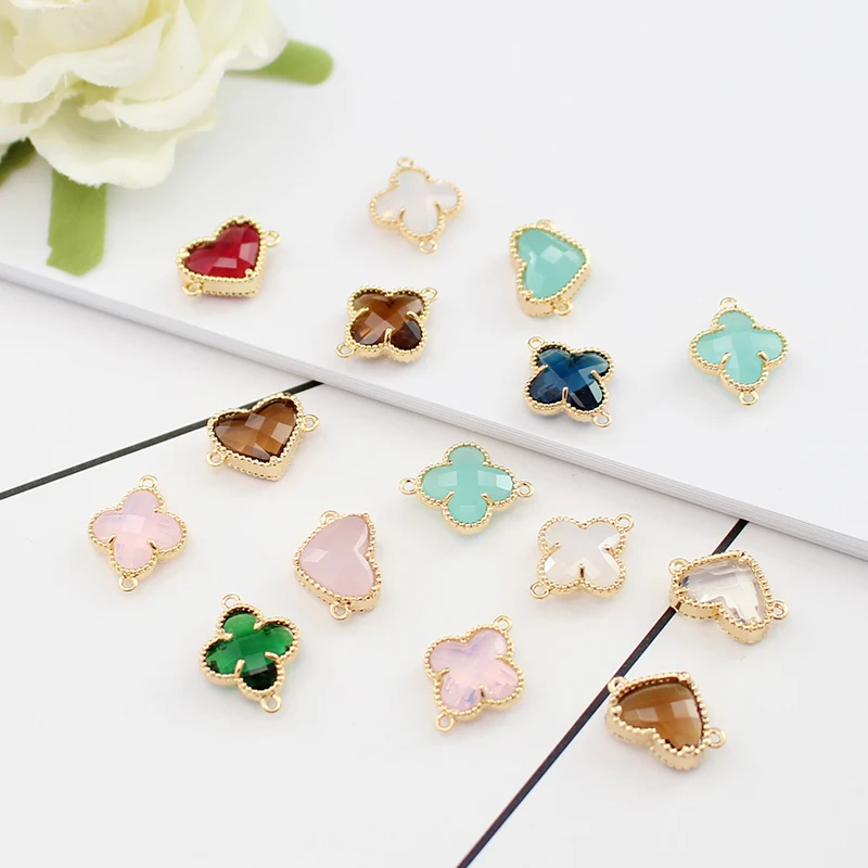 

3PCS Heart Charms Four Clover Leaf Charm lucky charm faceted glass bezel connector Diy Bracelet /Jewelry Finding