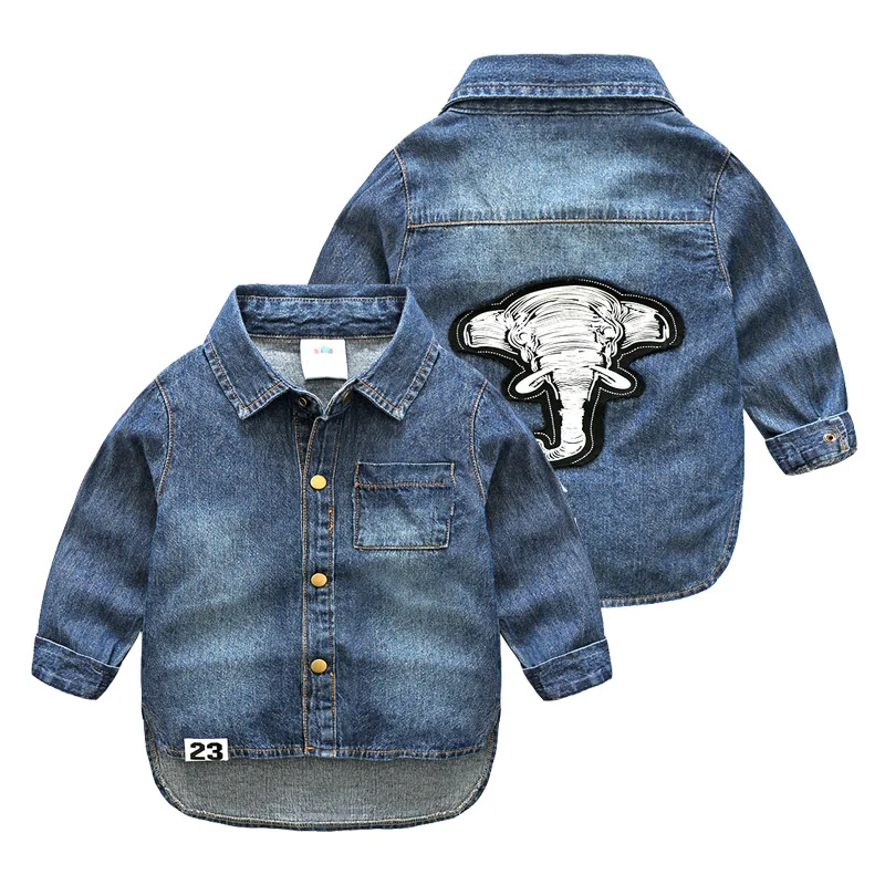 

New 2018 Denim Kids Shirts Irregular Children Shirts For Boys Fashion Brand Elephant Pattern Patched Casual Baby Boy Clothes